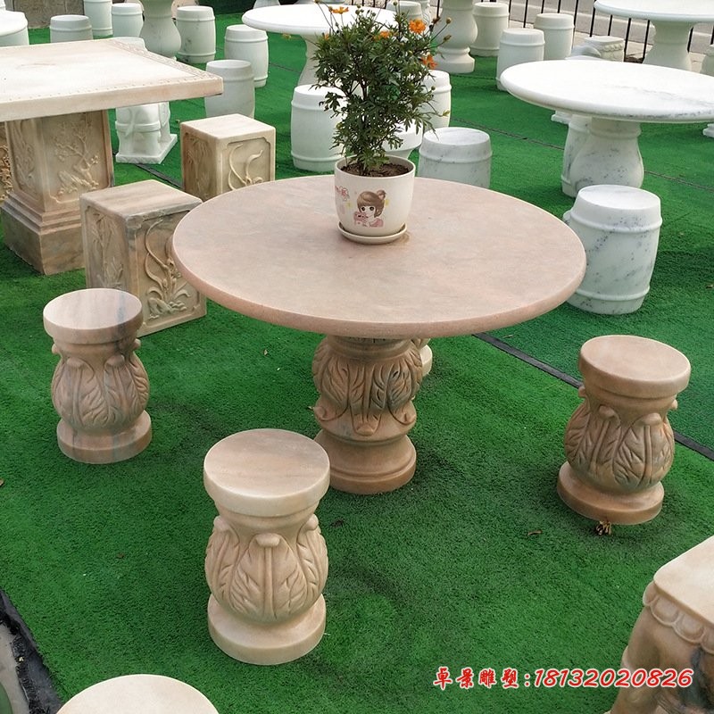 晚霞红圆形桌凳石雕