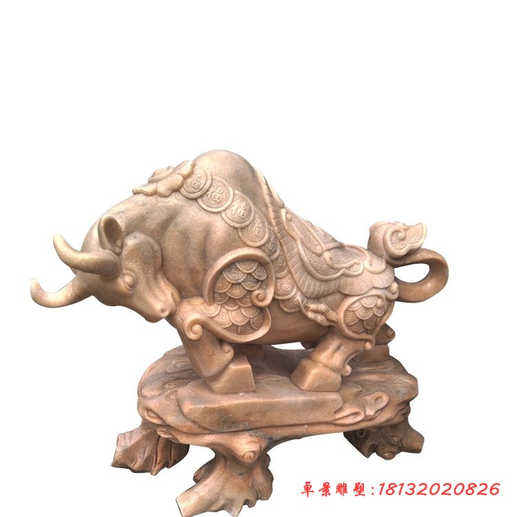 晚霞红招财牛石雕