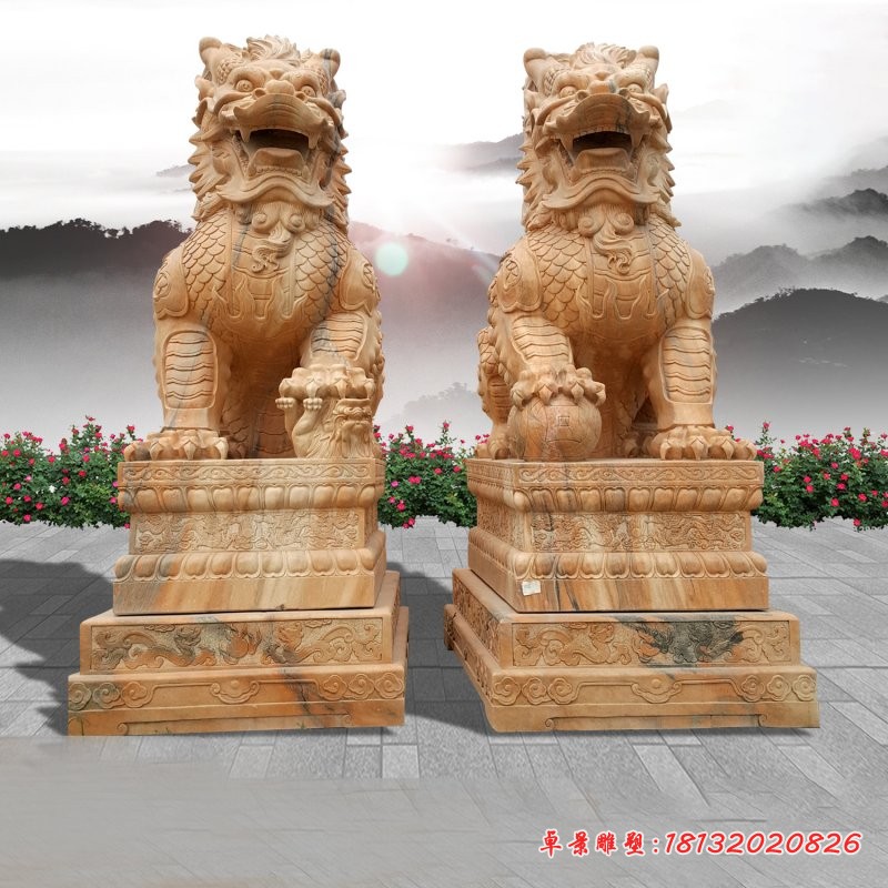 晚霞红招财石雕麒麟