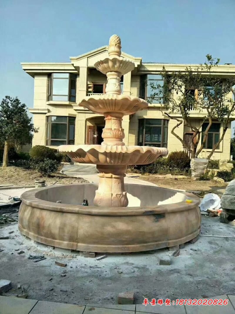 别墅晚霞红三层喷泉石雕