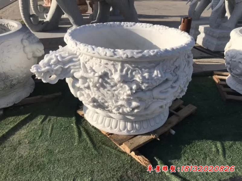 汉白玉龙头浮雕石水缸 