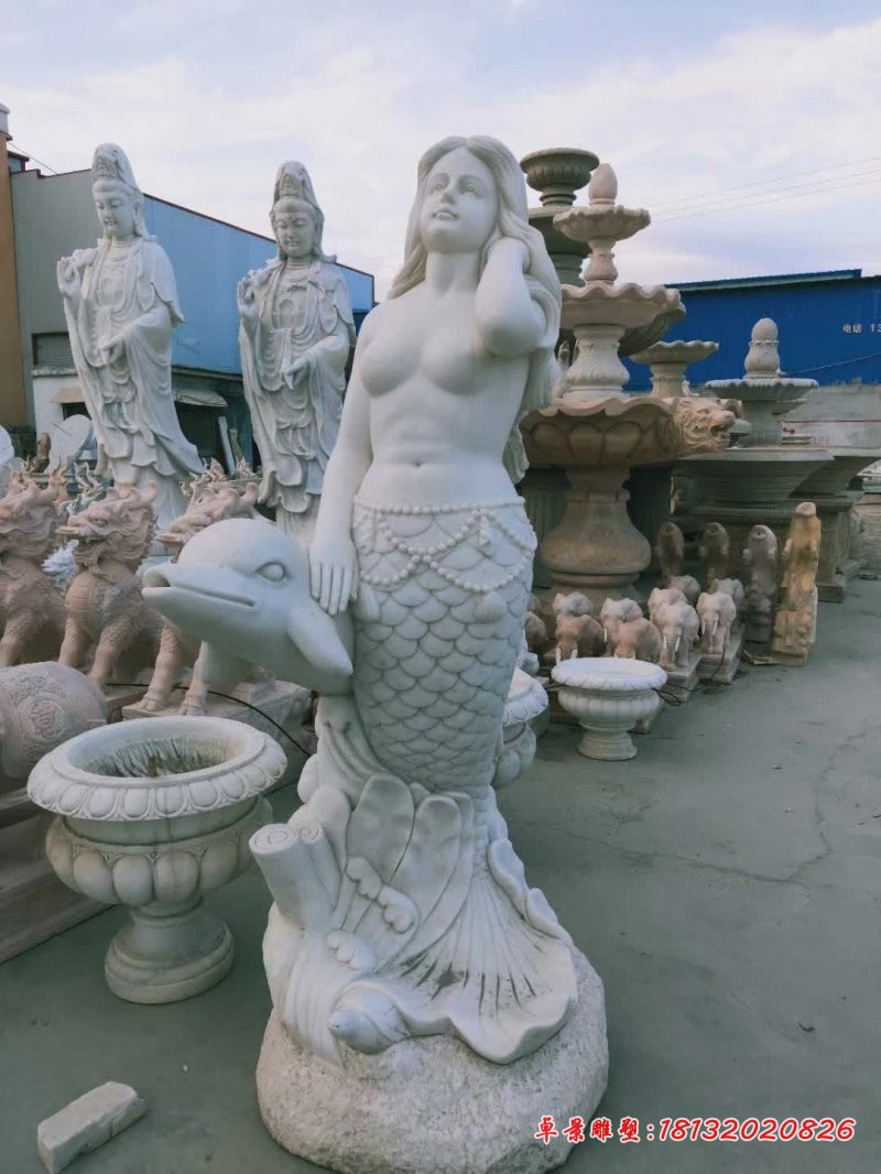 汉白玉美人鱼海豚石雕