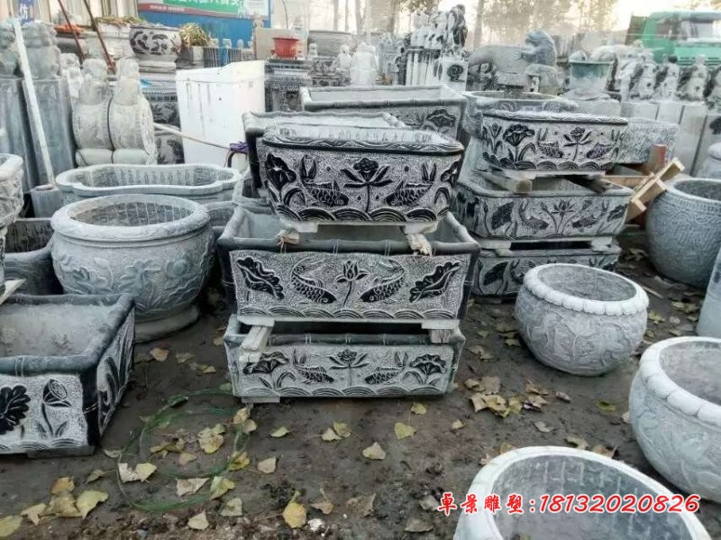 荷花鲤鱼仿古石水缸 (2)