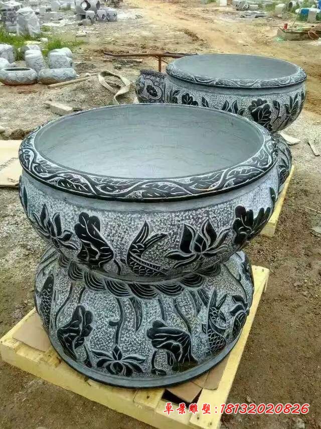 荷花鲤鱼浮雕石水缸 (3)