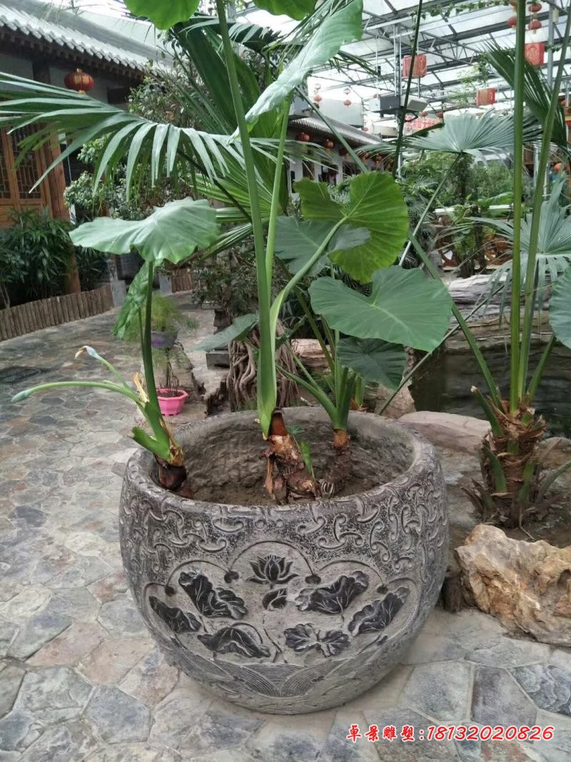 荷花浮雕石花盆