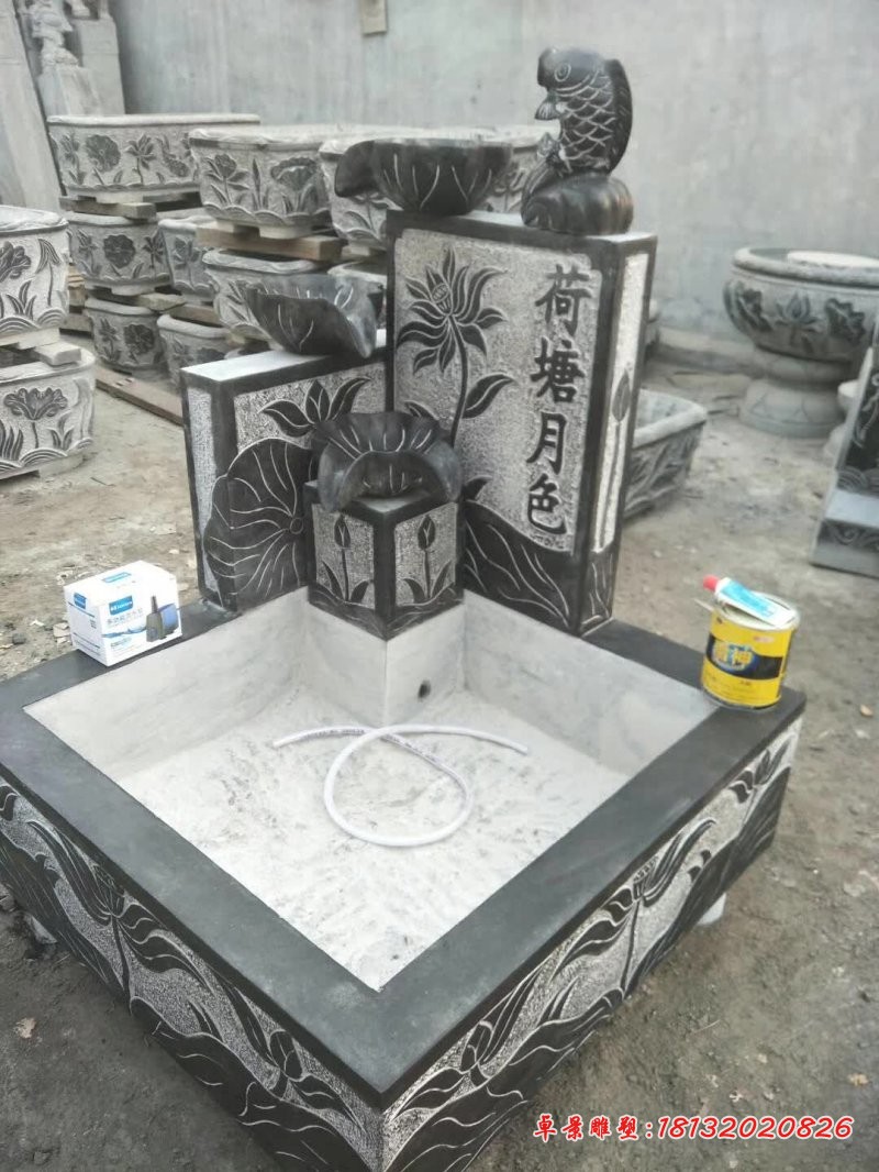 荷塘月色鲤鱼荷花流水石槽 (1)