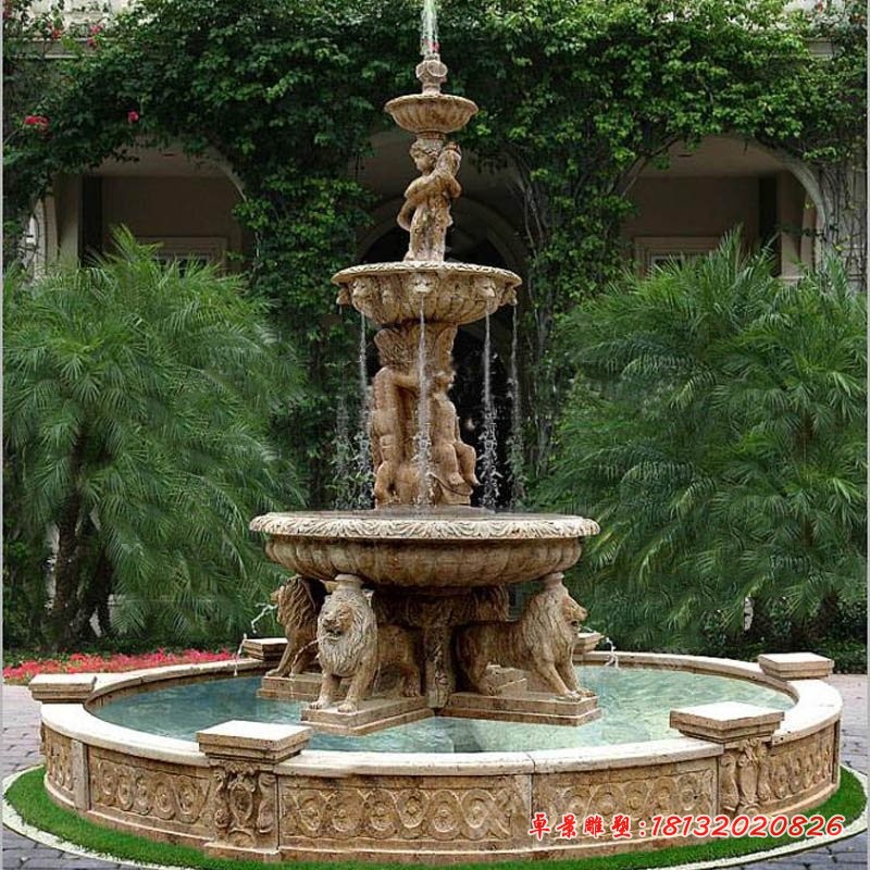 黄锈石欧式三层喷泉石雕