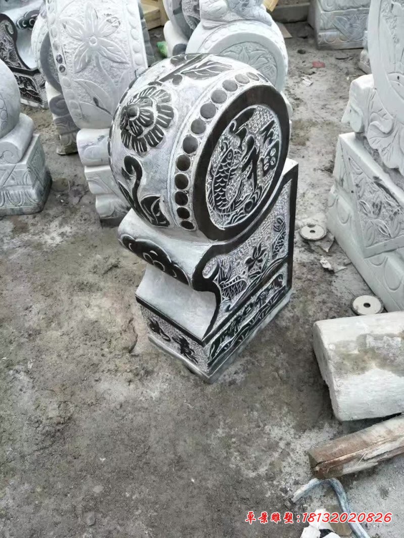 青石仿古福字鲤鱼浮雕石门墩 (1)