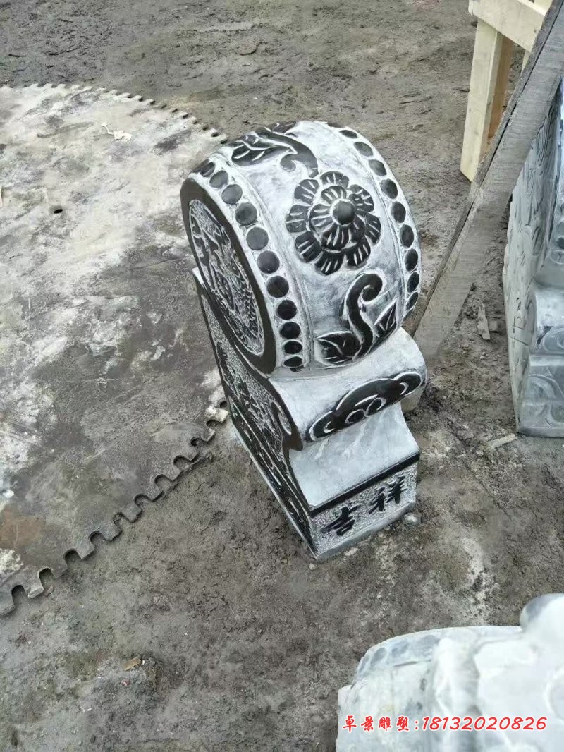 青石仿古福字鲤鱼浮雕石门墩 (4)