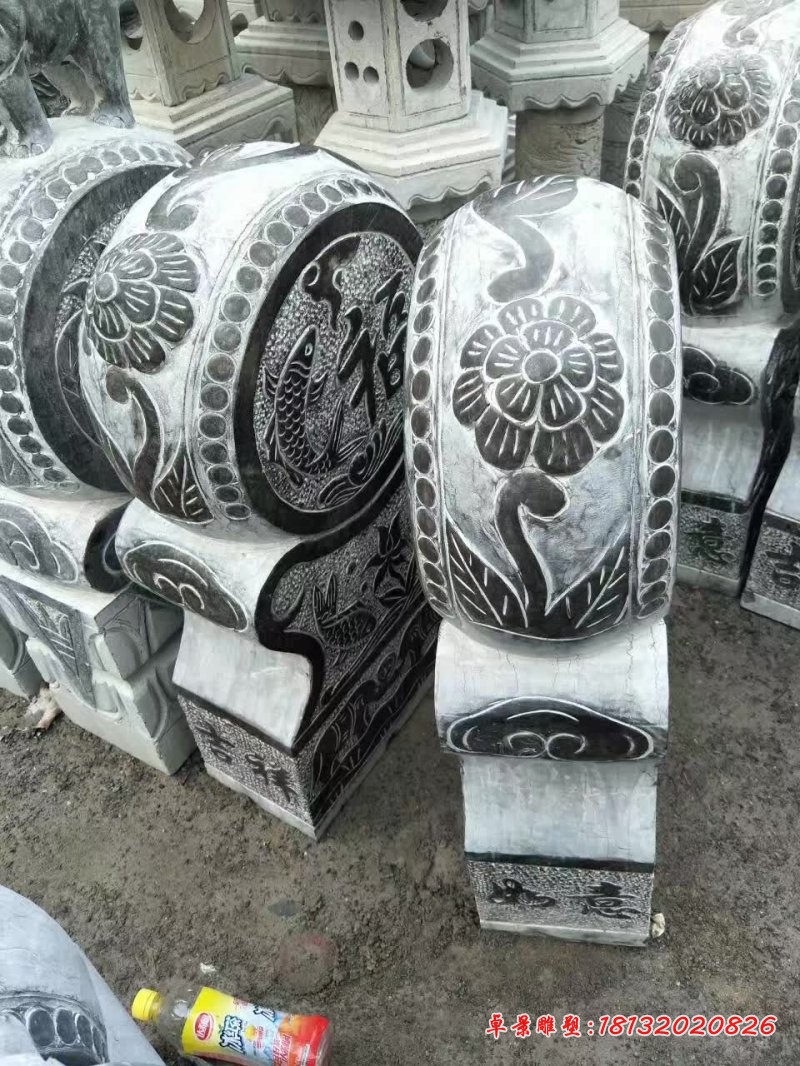 青石仿古福字鲤鱼浮雕石门墩 (6)