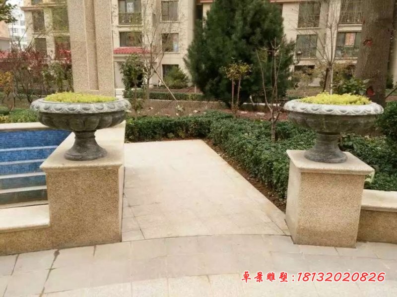 青石仿古花盆石雕 