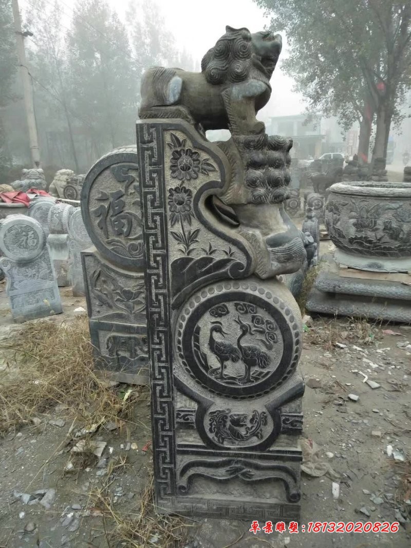 青石仙鹤浮雕狮子石门墩