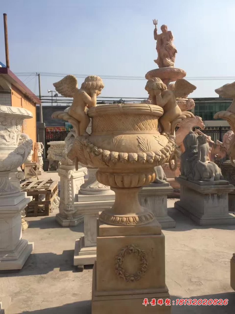 砂岩小天使欧式花钵石雕