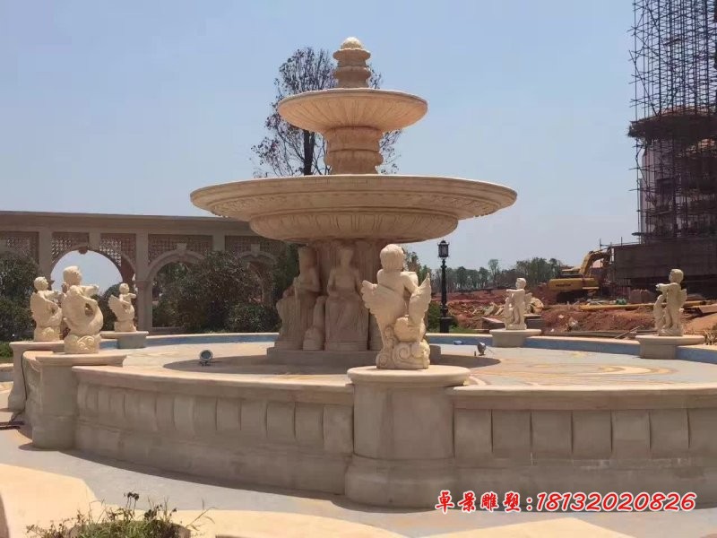 双层西方人物喷泉石雕