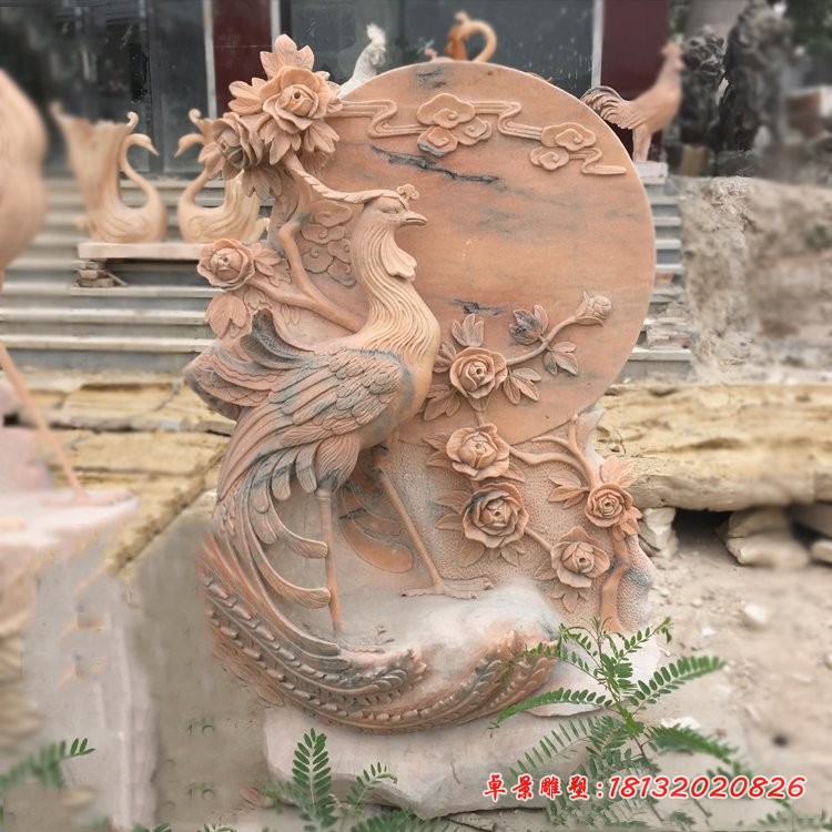 晚霞红牡丹花凤凰石雕