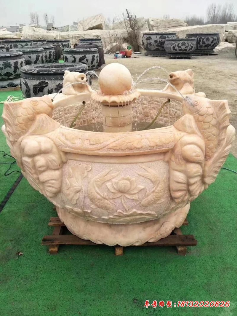 晚霞红喷水鲤鱼石水缸 