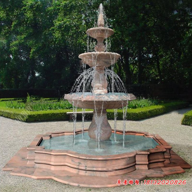 晚霞红三层欧式喷泉石雕