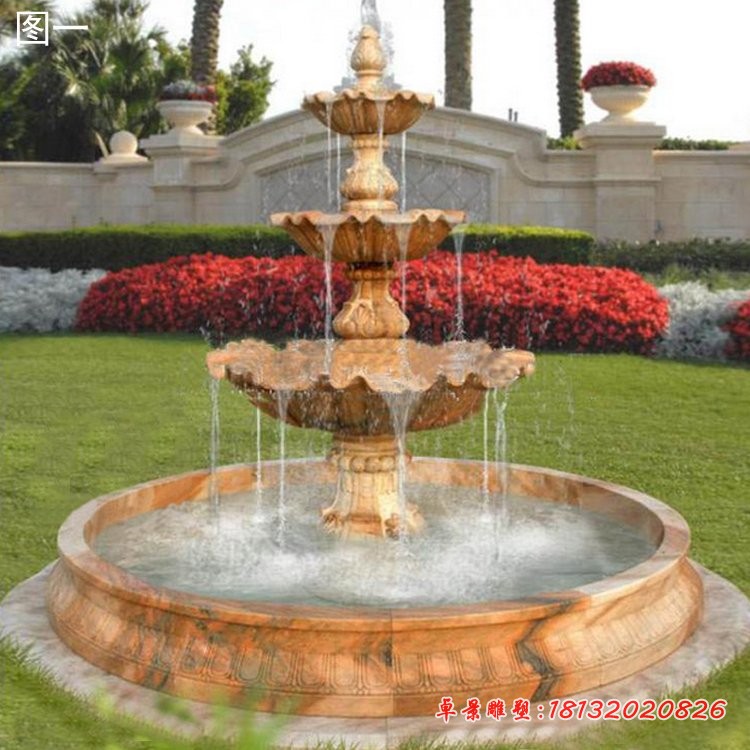 晚霞红三层喷泉石雕