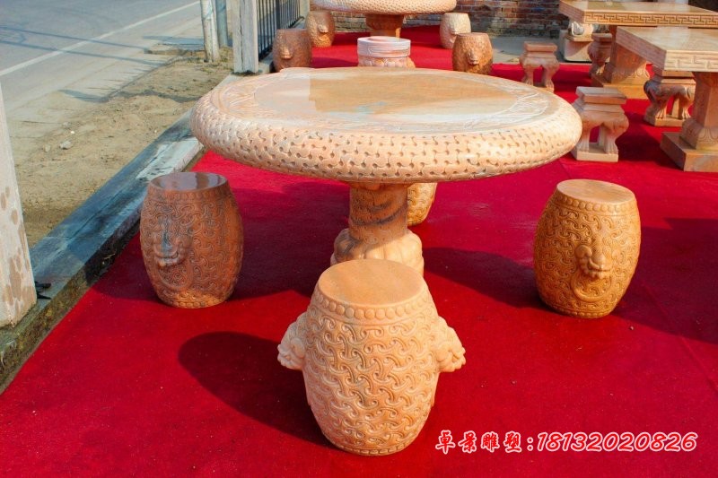 晚霞红狮子浮雕圆桌凳石雕