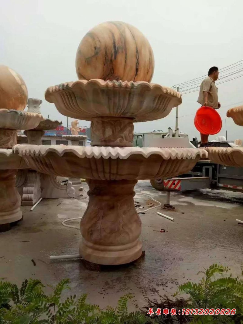 晚霞红双层风水球喷泉石雕