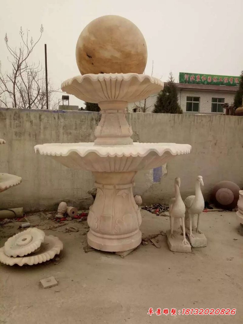 晚霞红双层风水球喷泉石雕