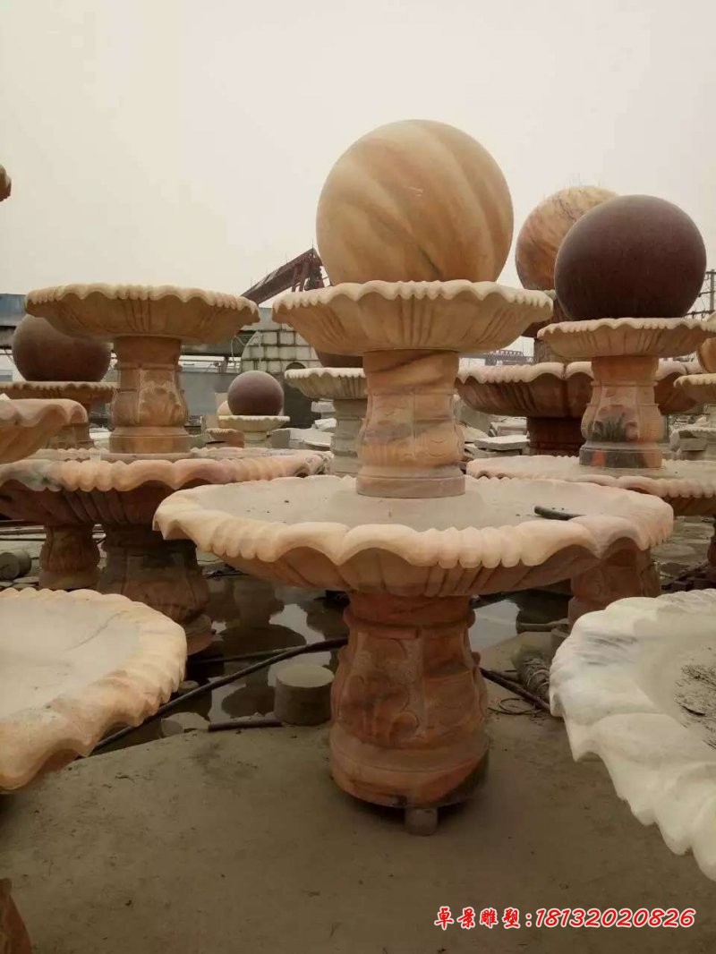 晚霞红双层风水球喷泉石雕 