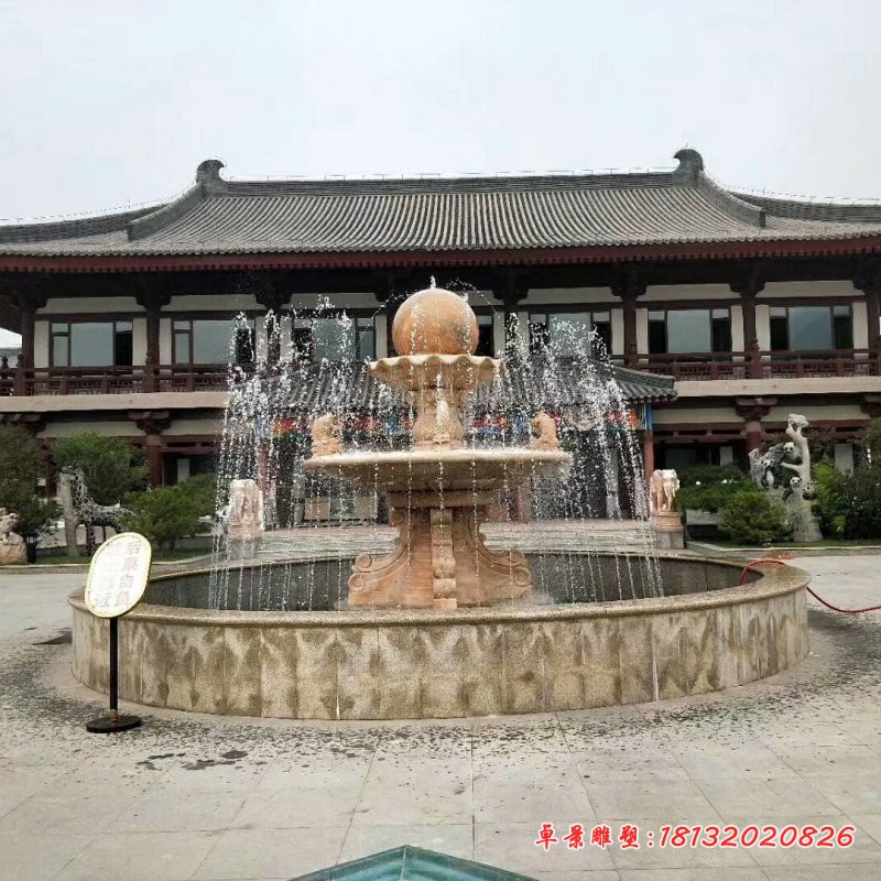 晚霞红双层风水球喷泉石雕