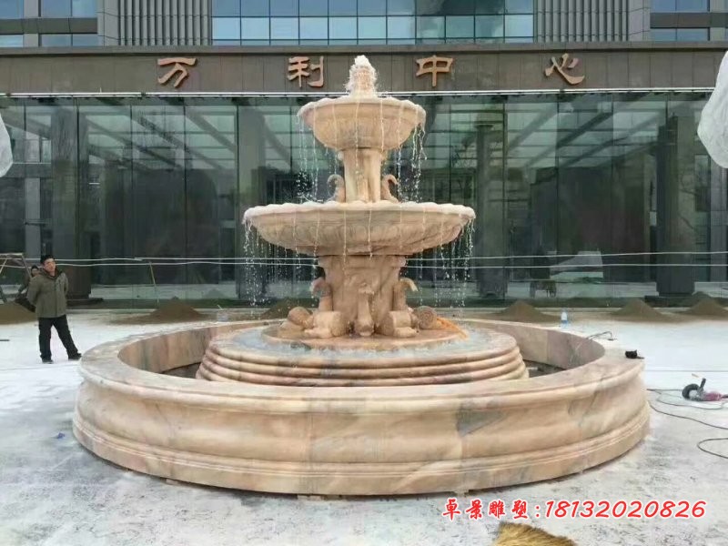 晚霞红双层鲤鱼喷泉石雕