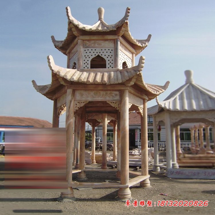 晚霞红双层六角凉亭石雕