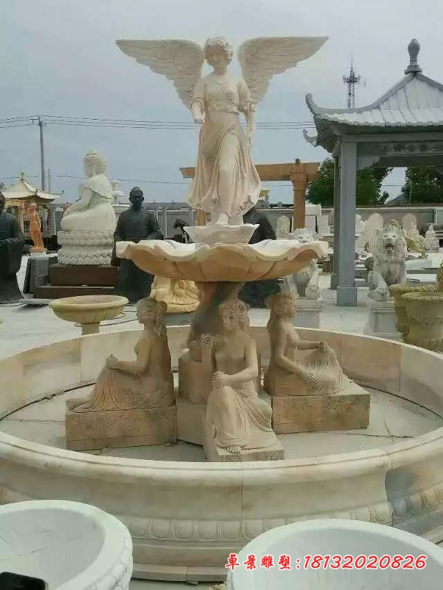 晚霞红西方人物天使喷泉石雕