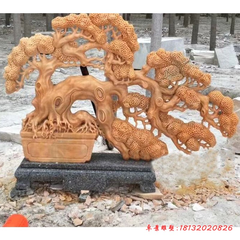 晚霞红迎客松石雕