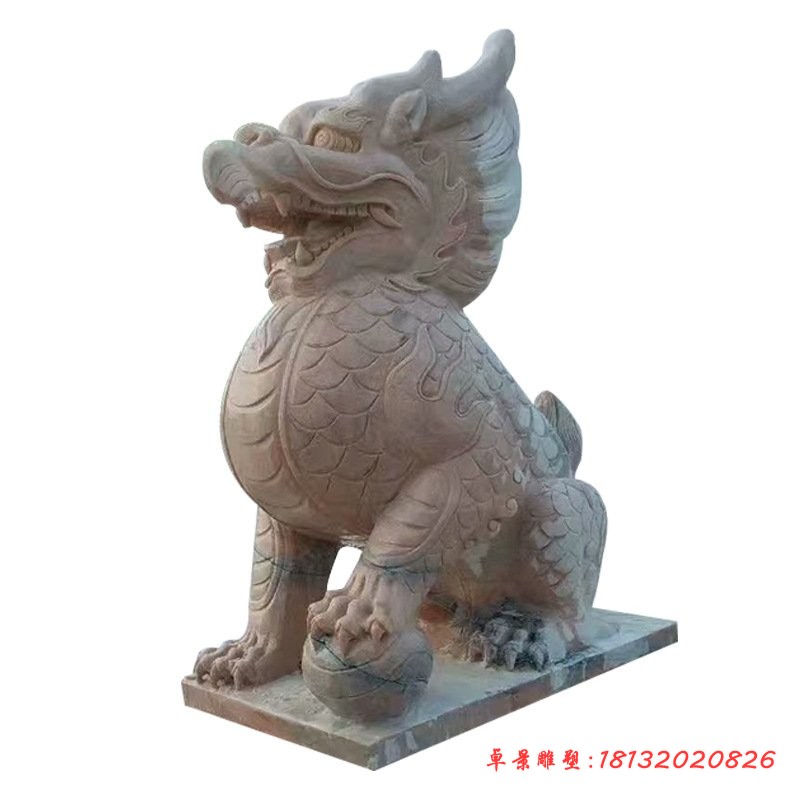 踩球麒麟石雕晚霞红石雕麒麟 