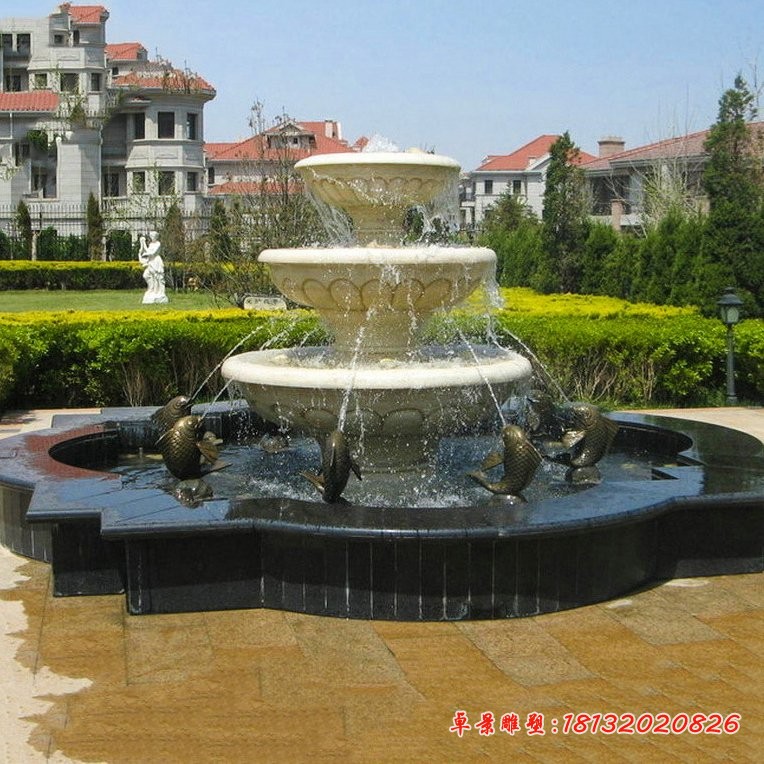 多层鲤鱼喷泉石雕别墅景观雕塑