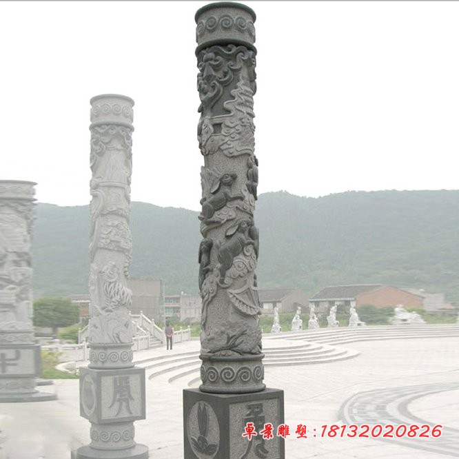 仿古12生肖石柱广场景观石雕 