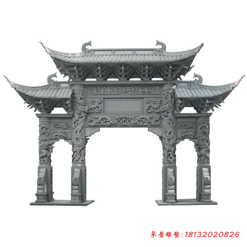 仿古三门石牌坊园林景观雕塑