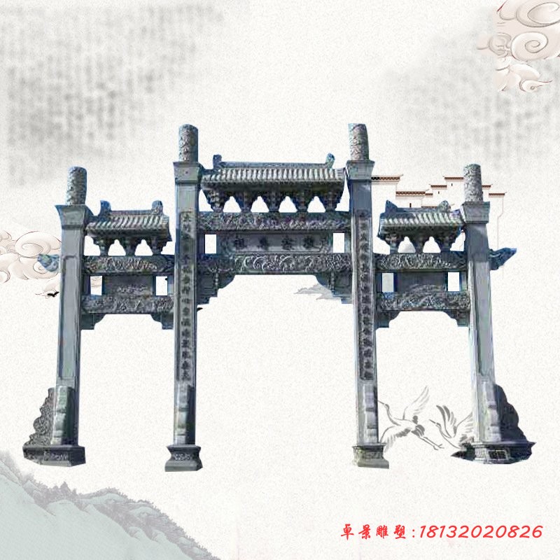 仿古石牌坊三门牌坊石雕