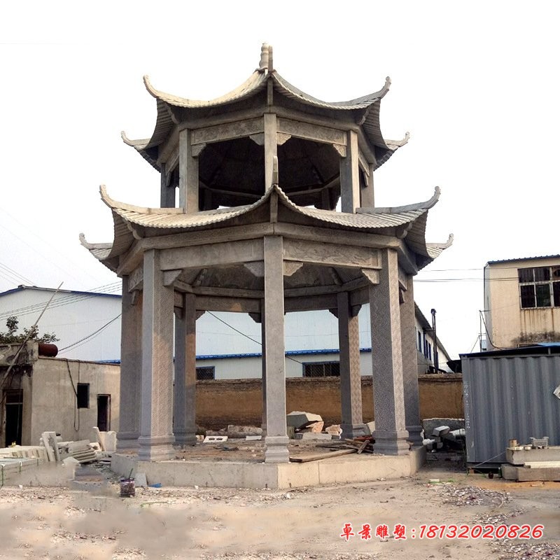 仿古双层石凉亭园林景观雕塑 