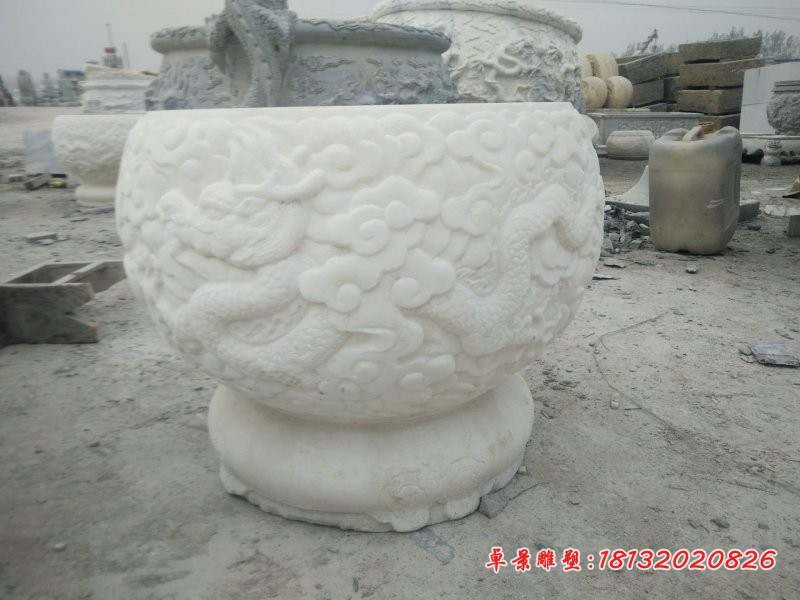 汉白玉龙浮雕水缸招财石水缸 