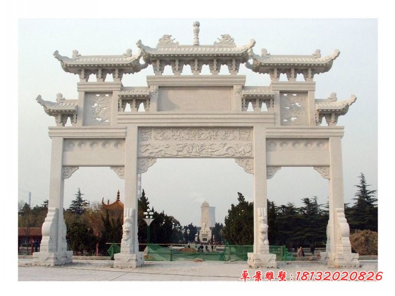 汉白玉石牌坊三门牌坊石雕