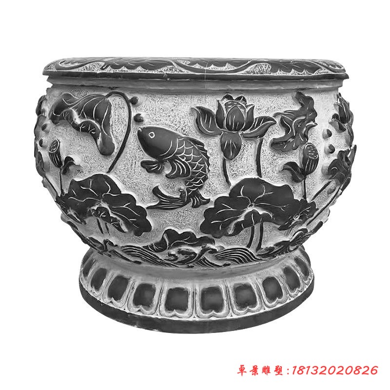 荷花鲤鱼浮雕水缸仿古石水缸 