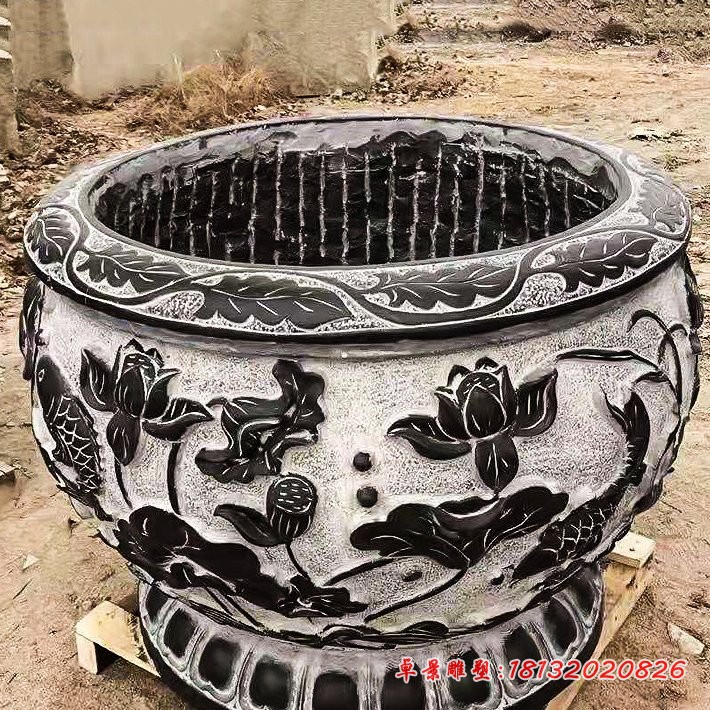 荷花鲤鱼浮雕水缸仿古石水缸 