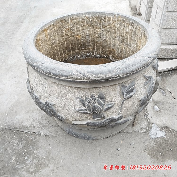 荷花鲤鱼石浮雕水缸仿古石水缸 