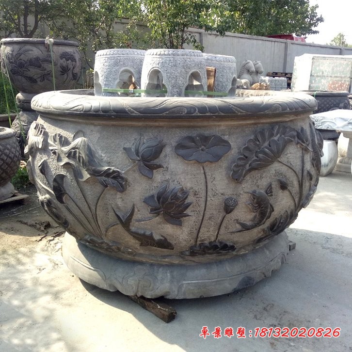 荷花鲤鱼石浮雕水缸仿古石水缸 