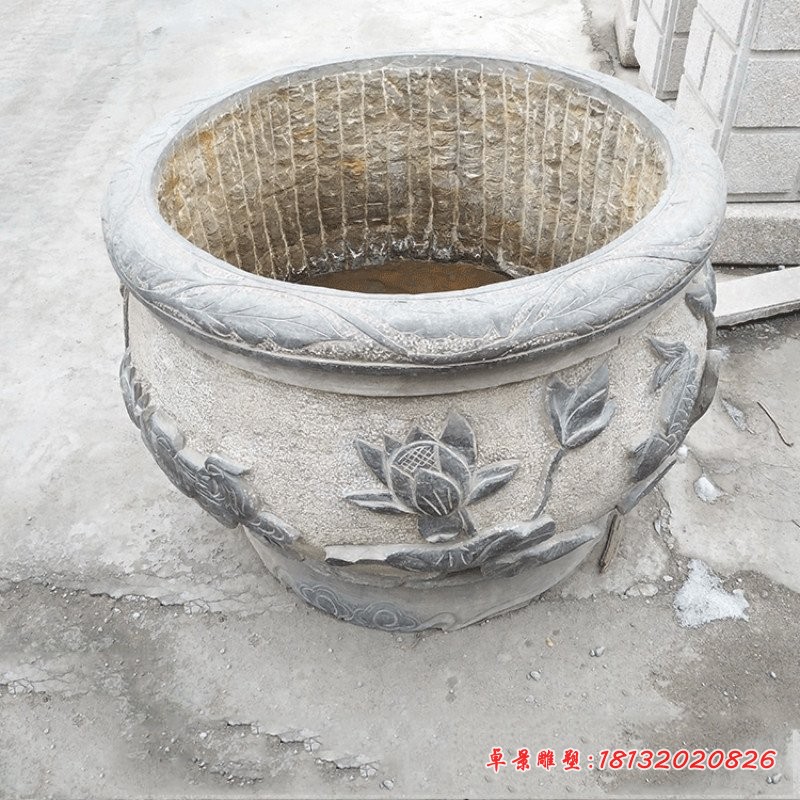 荷花鲤鱼石浮雕水缸仿古石水缸 