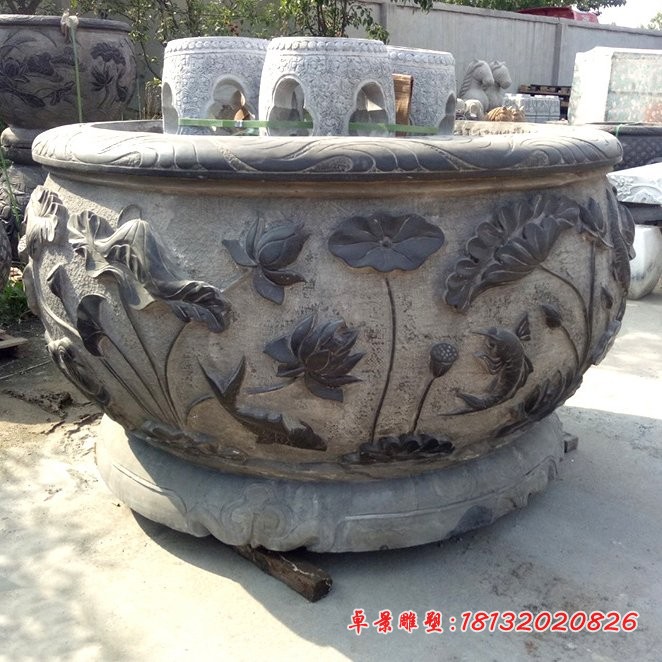 荷花鲤鱼石浮雕水缸仿古石水缸 