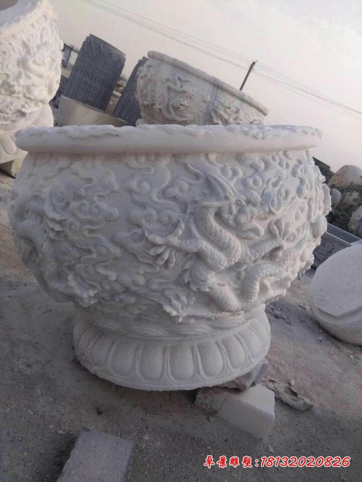 龙浮雕水缸圆形石水缸 