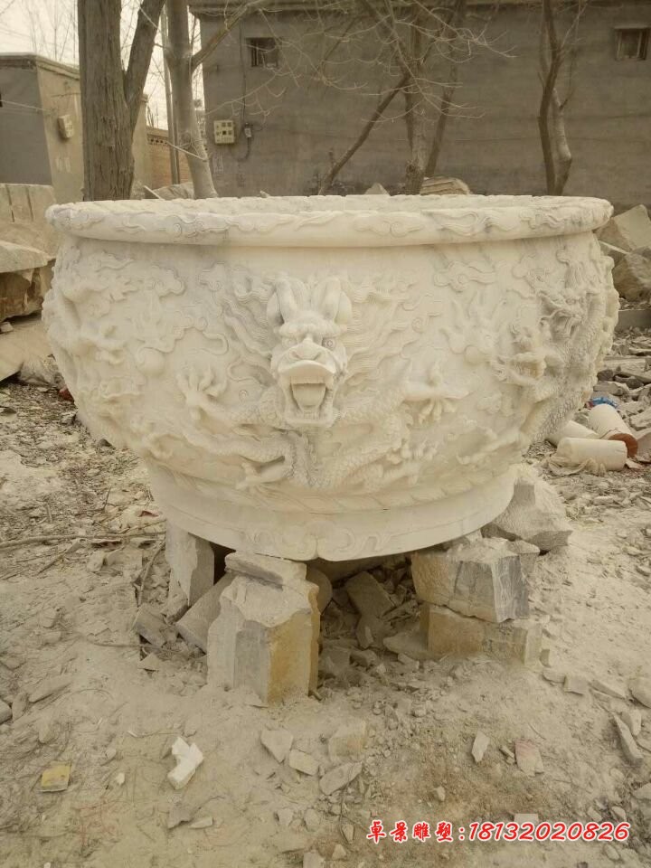 龙浮雕水缸圆形石水缸 