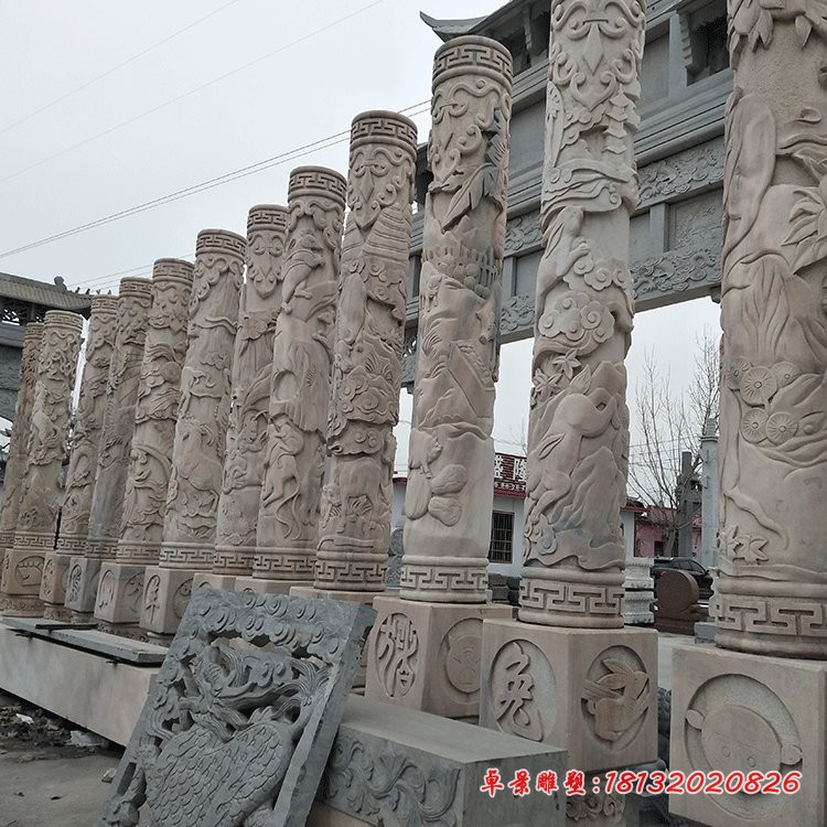 晚霞红12生肖石柱广场景观雕塑