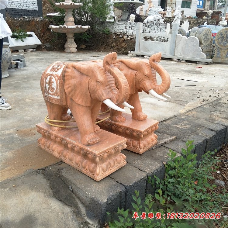 晚霞红大象石雕招财大象雕塑 