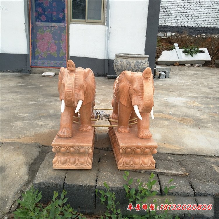晚霞红大象石雕招财大象雕塑 